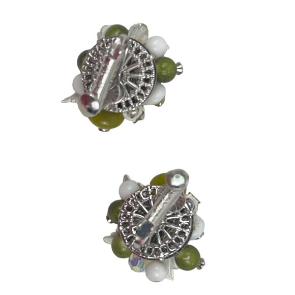 Vendome Vintage Beaded Clip-On Earrings With Green & White Beads Rhinestones & S - Picture 5 of 8
